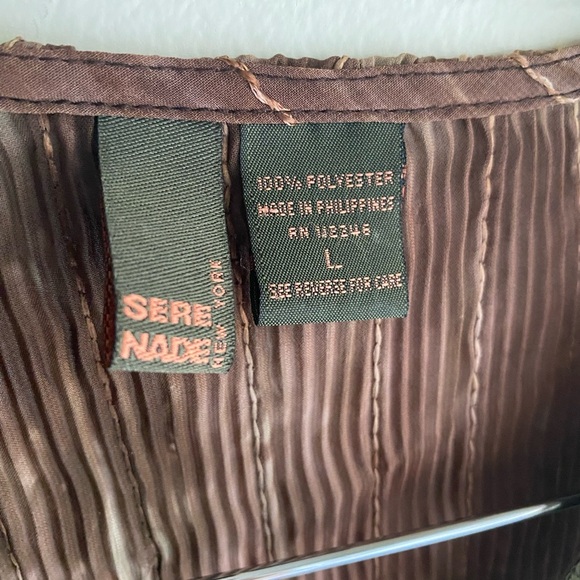 Serenade Y2K Earthy Brown & Green Ruffled Blouse Women's Crinkle Top Sz Large - Picture 2 of 6